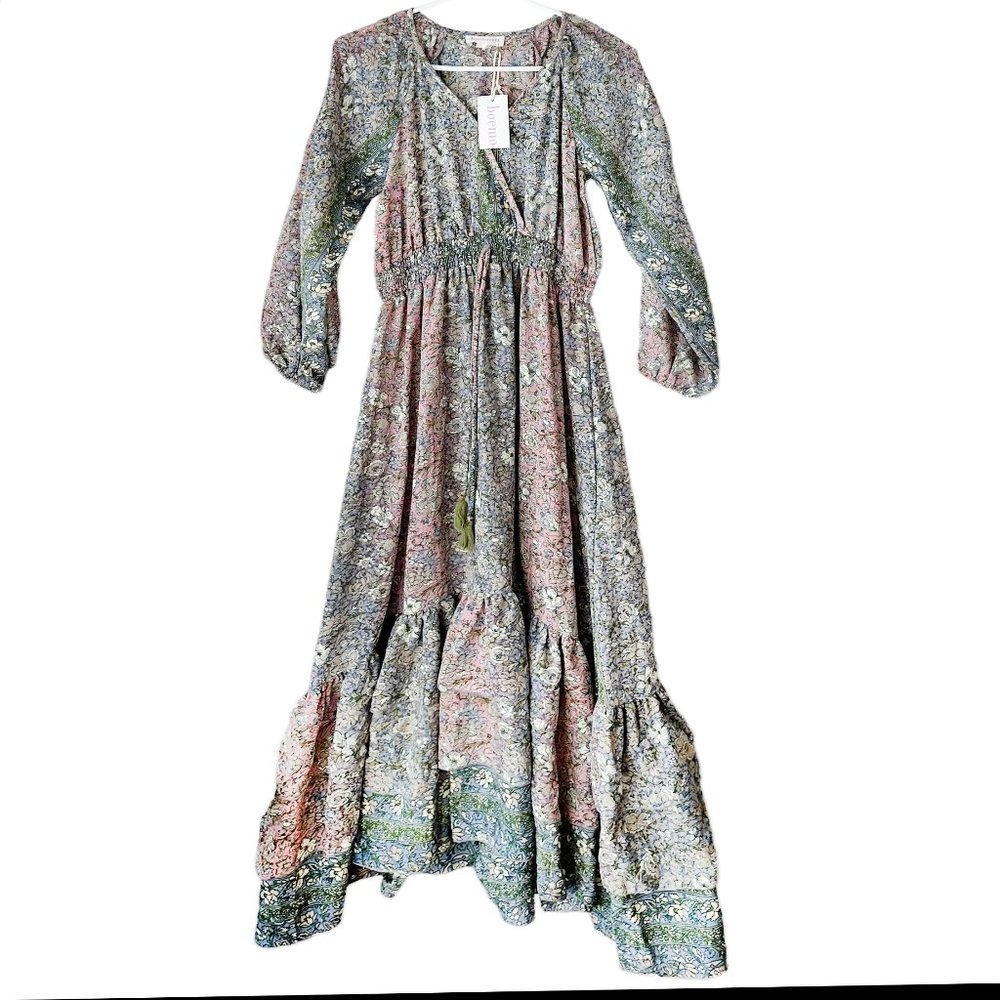 Boemo Women's Plus Floral Boho Tiered Maxi Dress Pinks Greens MP Petite